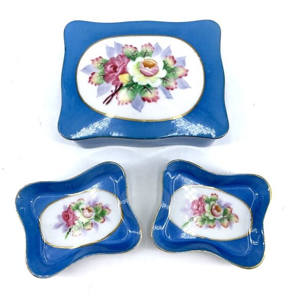 Meiko China Japan Lidded Trinket Box 2 Dishes Handpainted Flowers Vanity Porcela - Picture 1 of 6